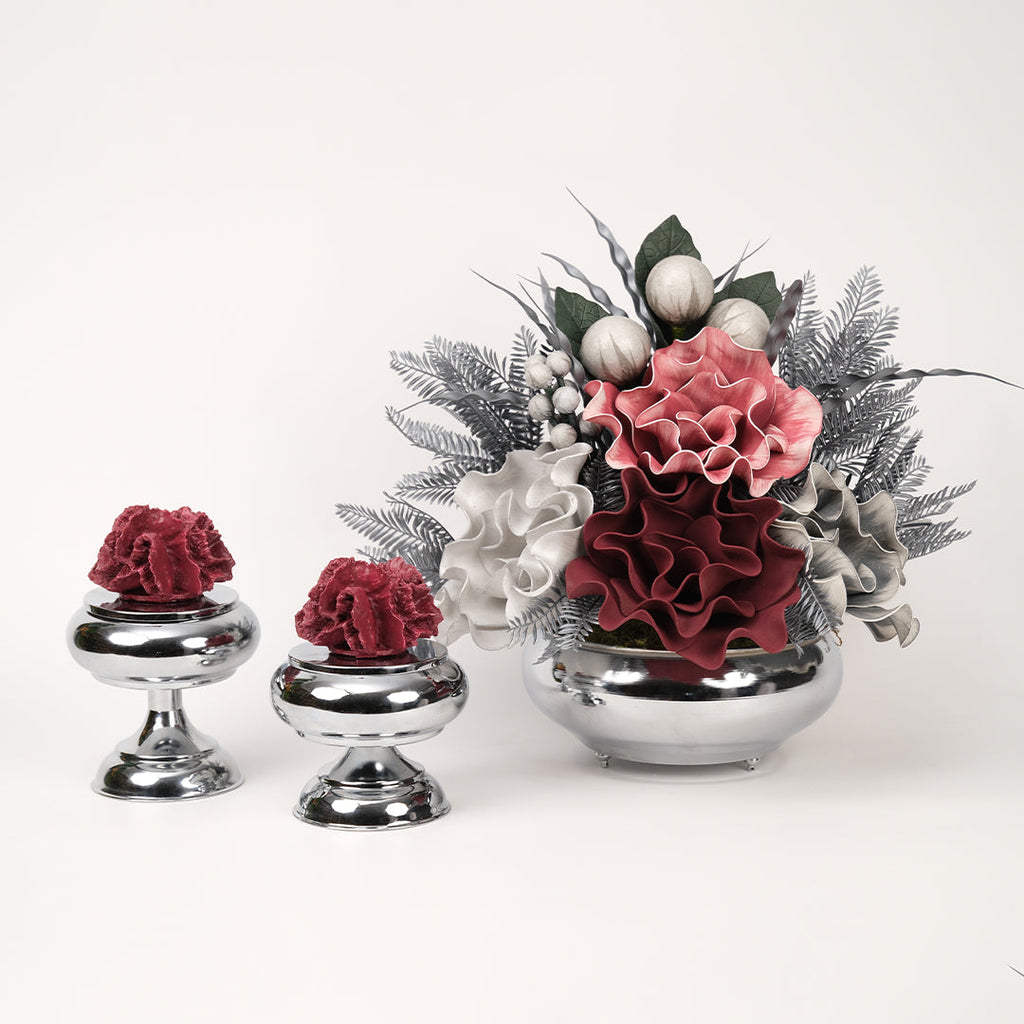 Yapay Çiçekli Gümüş Yassı 3 Parça Set No:3