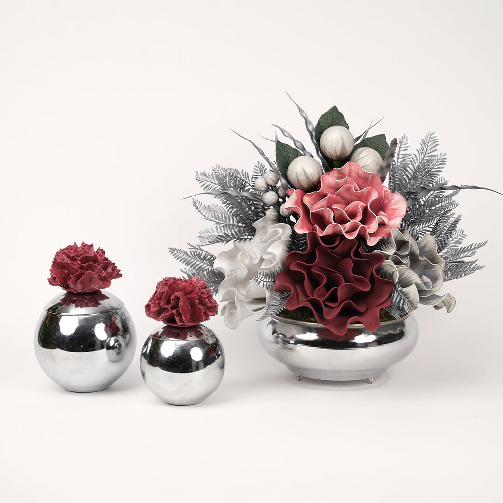 Yapay Çiçekli Gümüş Yassı 3 Parça Set No:4