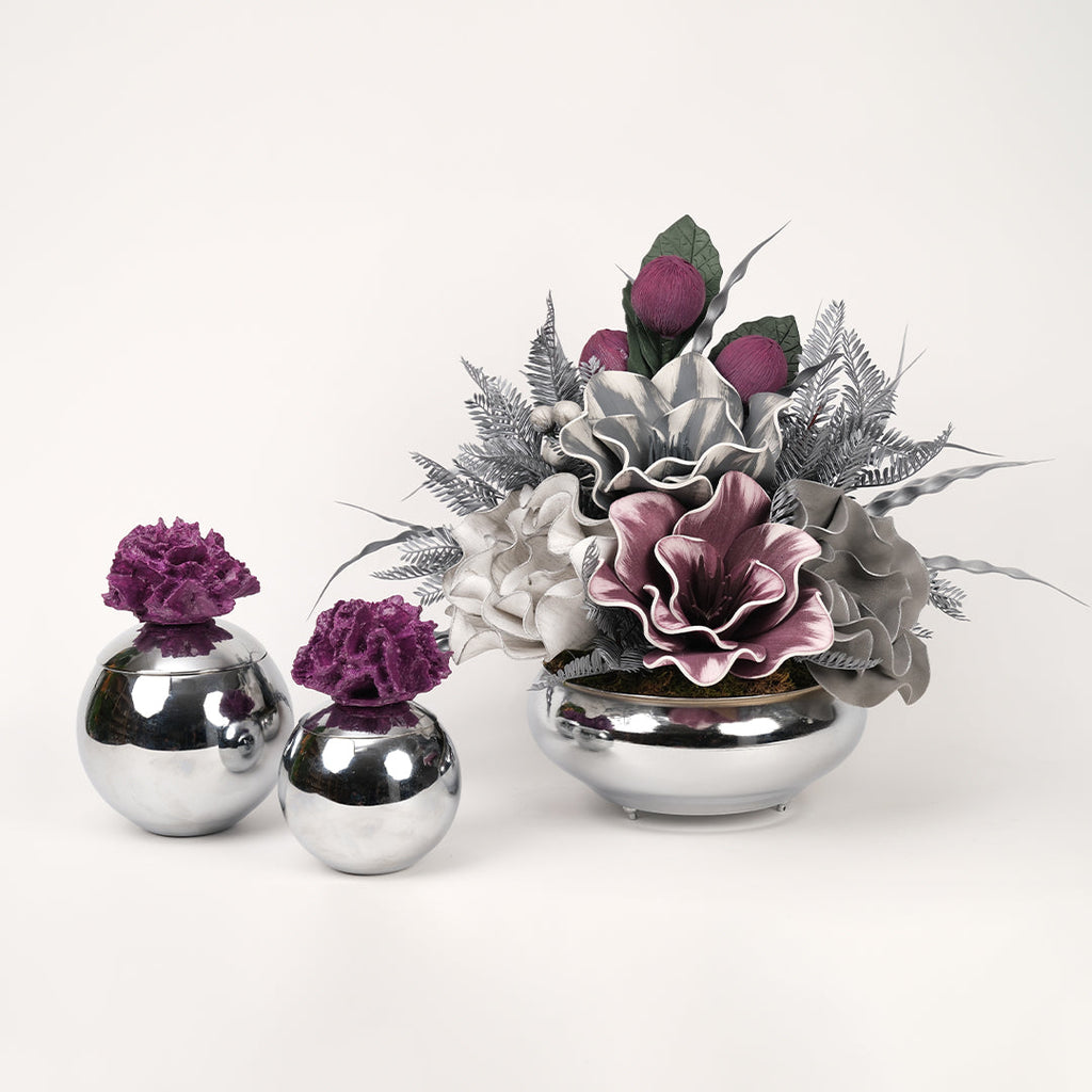 Yapay Çiçekli Gümüş Yassı 3 Parça Set No:5