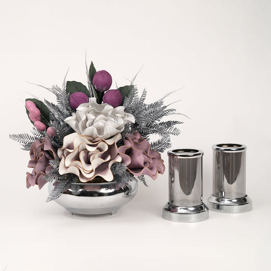 Yapay Çiçekli Gümüş Yassı 3 Parça Set No:7