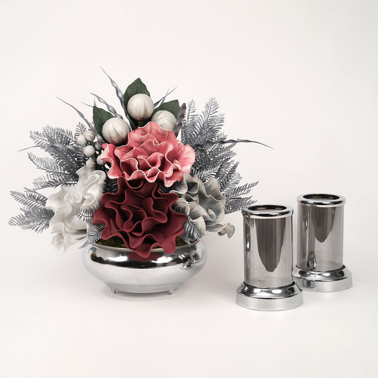 Yapay Çiçekli Gümüş Yassı 3 Parça Set No:8