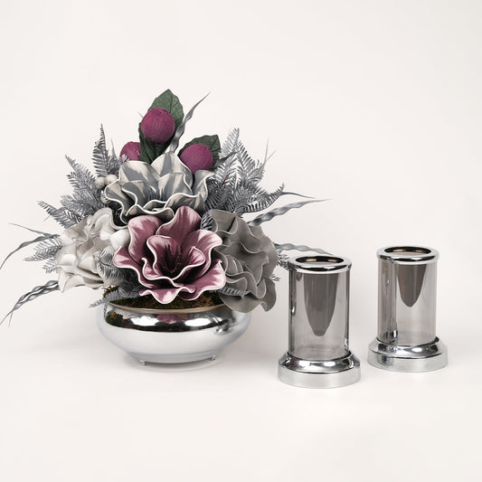 Yapay Çiçekli Gümüş Yassı 3 Parça Set No:9