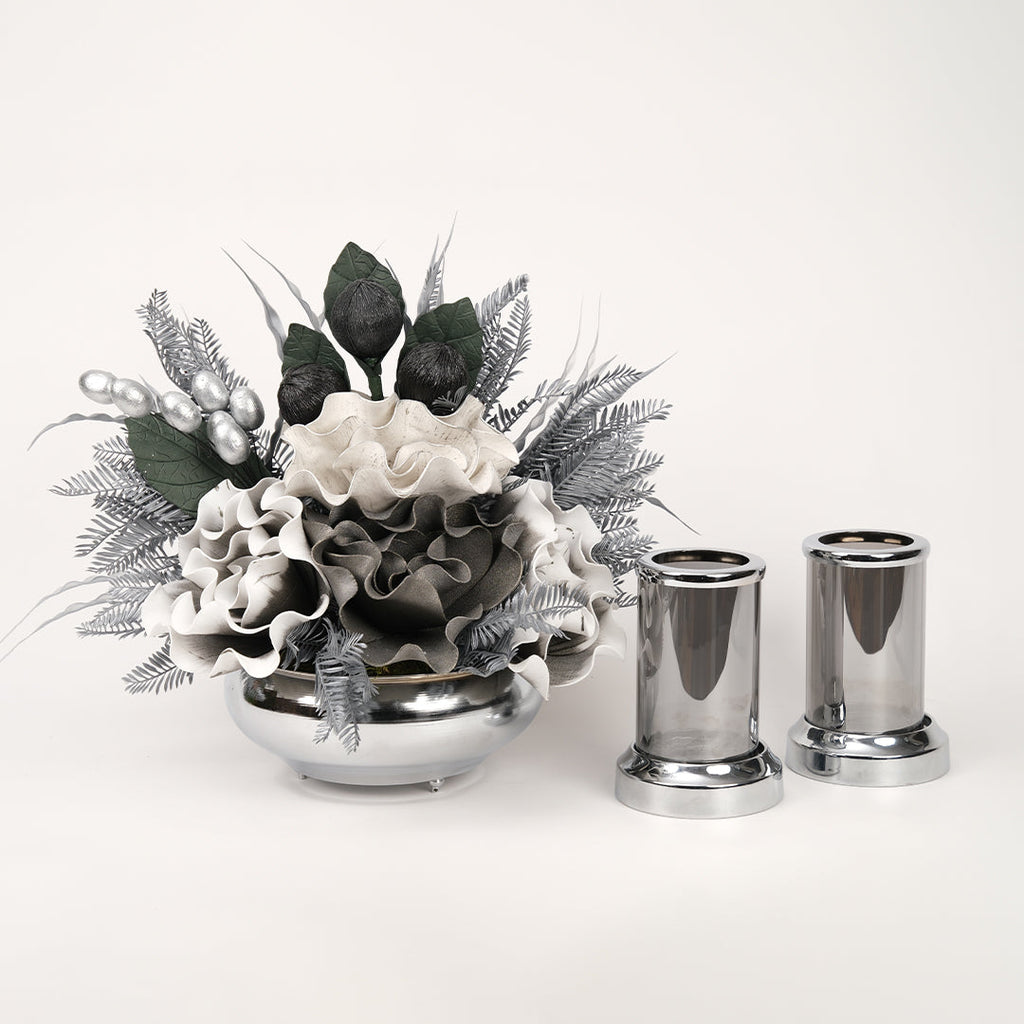 Yapay Çiçekli Gümüş Yassı 3 Parça Set No:10