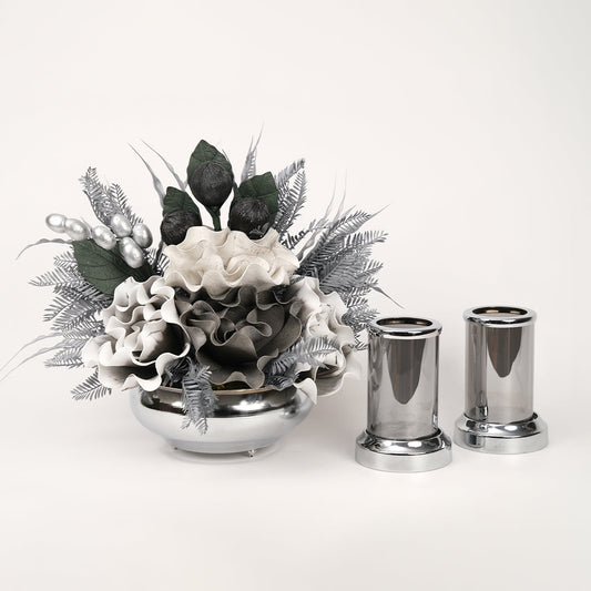 Yapay Çiçekli Gümüş Yassı 3 Parça Set No:10