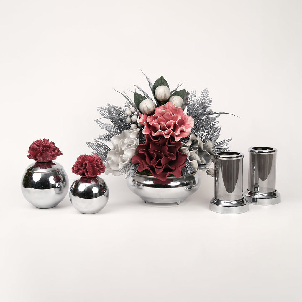 Yapay Çiçekli Gümüş Yassı 5 Parça Set No:2