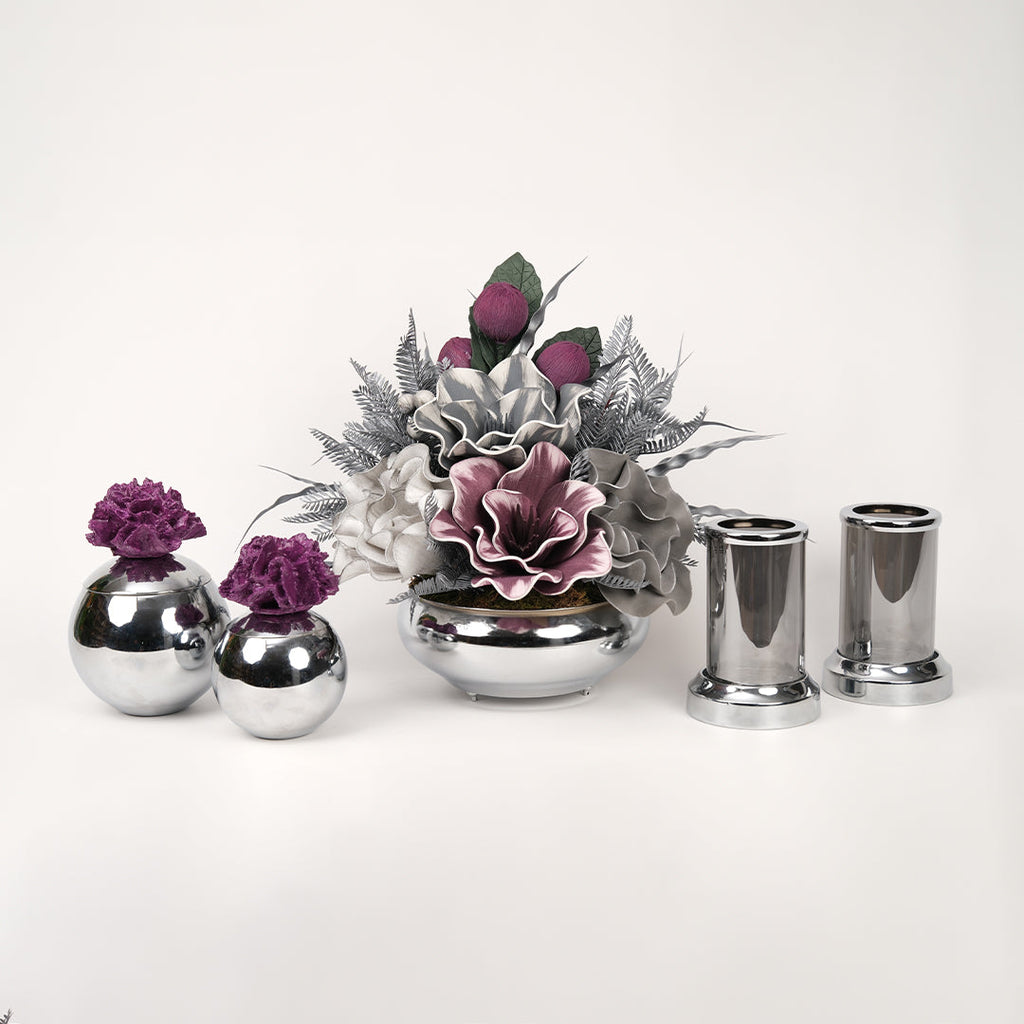 Yapay Çiçekli Gümüş Yassı 5 Parça Set No:3