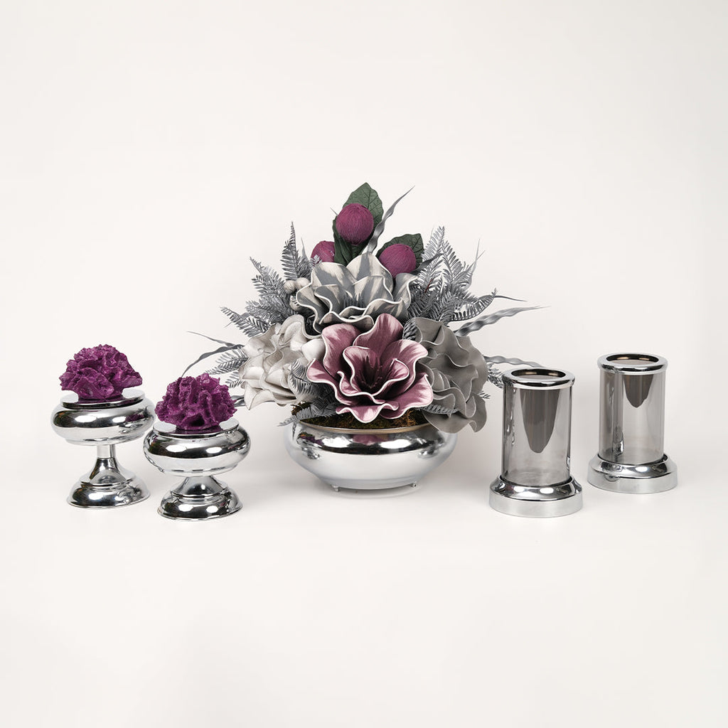 Yapay Çiçekli Gümüş Yassı 5 Parça Set No:4
