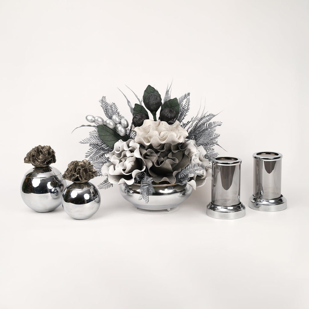 Yapay Çiçekli Gümüş Yassı 5 Parça Set No:6