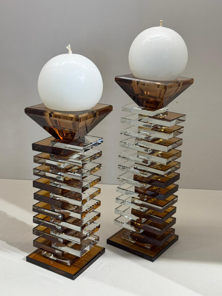 İkili Kristal Katlı Şamdan Şeffaf Kahve