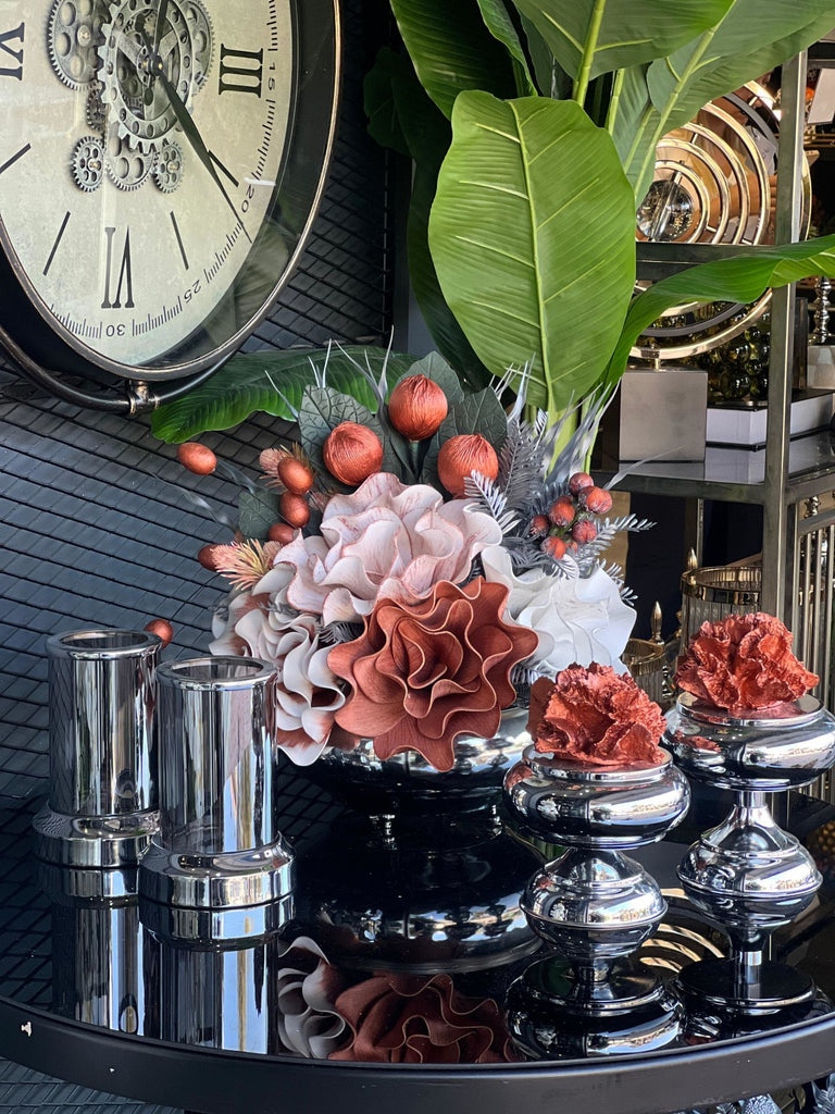 Yapay Çiçekli Gümüş Yassı Vazo 5 Parça Set No:6