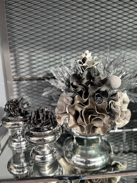 Yapay Çiçekli Gümüş Yassı Vazo 3 Parça Set No:12