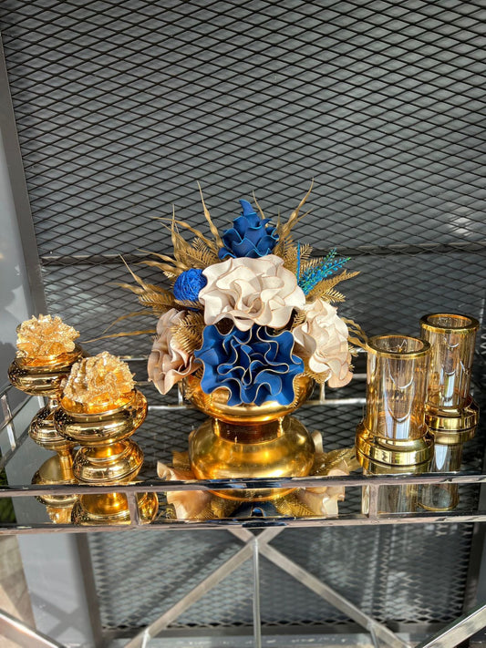 Yapay Çiçekli Gold Yassı Vazo 5 Parça Set No:5