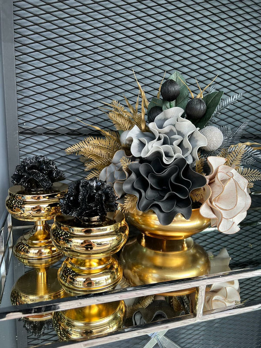 Yapay Çiçekli Gold Yassı Vazo 3 Parça Set No:11