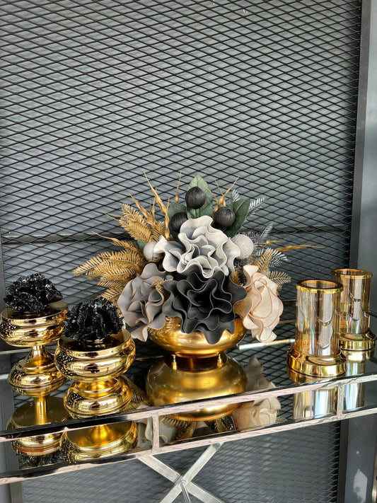 Yapay Çiçekli Gold Yassı Vazo 5 Parça Set No:6