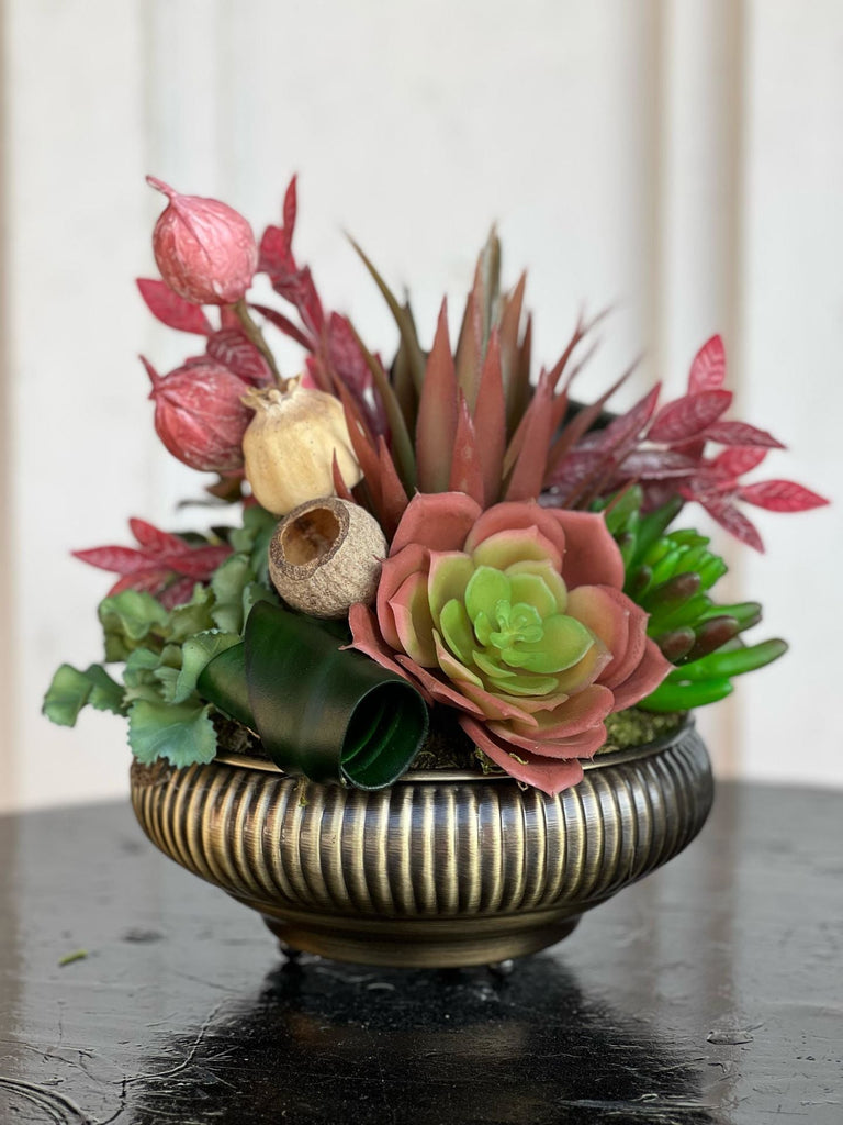 Yapay Sukulentli Küçük Boy Çizgili Yassı Vazo No:4