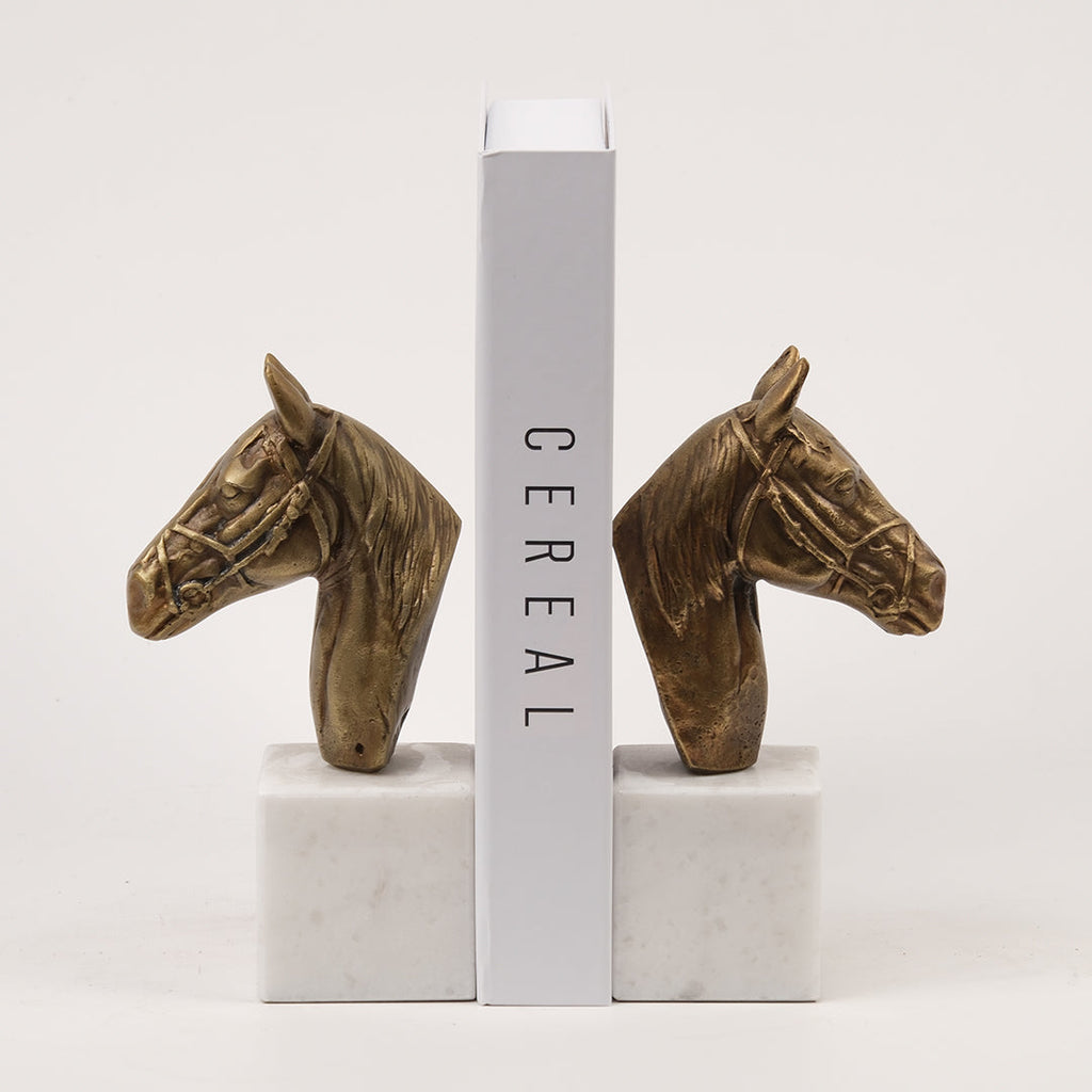 İkili Pirinç Atlı Kitap Tutucu Antik-Beyaz