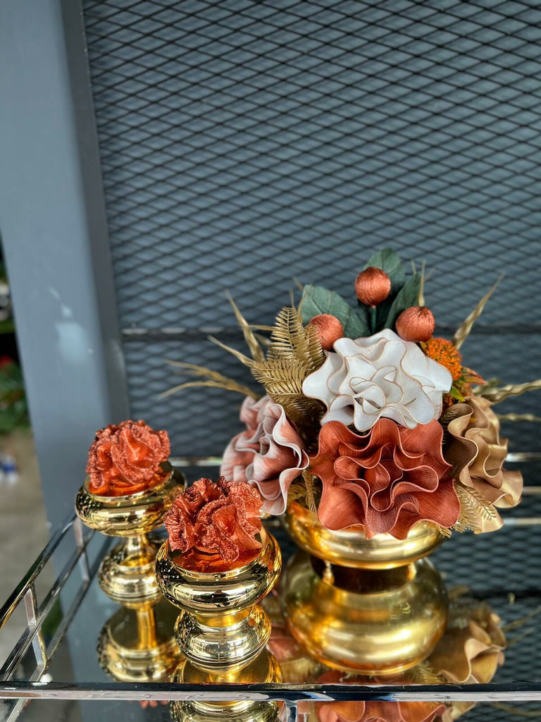 Yapay Çiçekli Gold Yassı Vazo 3 Parça Set No:12