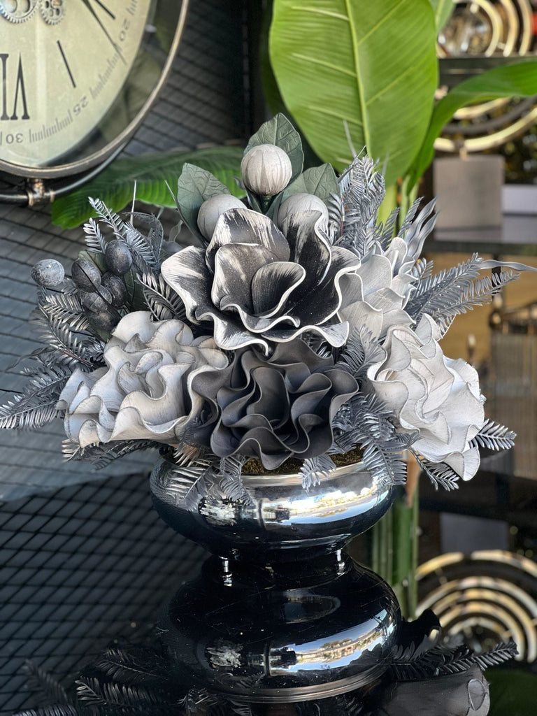 Yapay Çiçekli Gümüş Yassı Vazo No:28