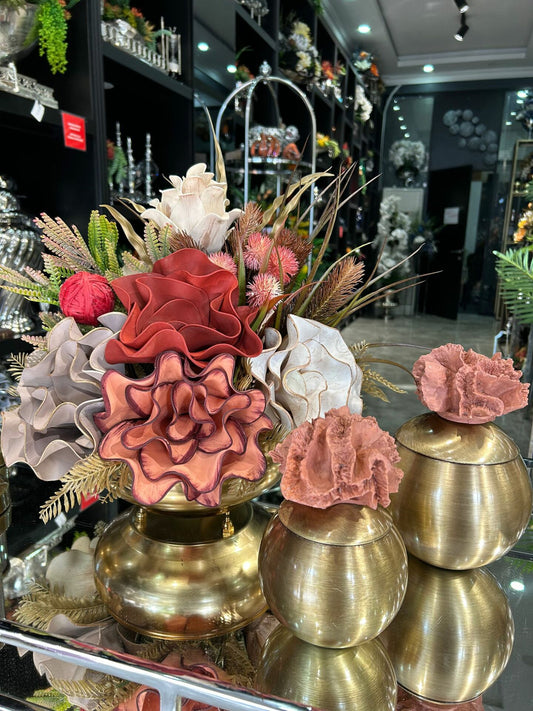 Yapay Çiçekli Antik Yassı Vazo 3 Parça Set No:14