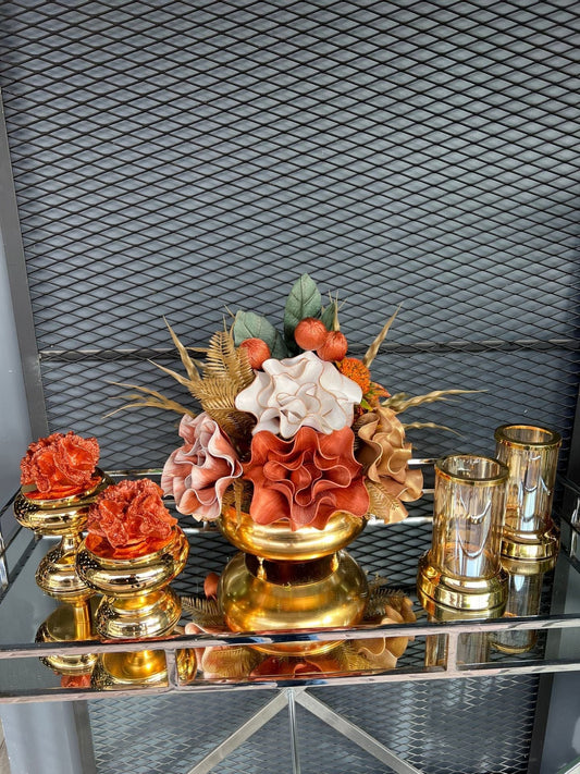 Yapay Çiçekli Gold Yassı Vazo 5 Parça Set No:7