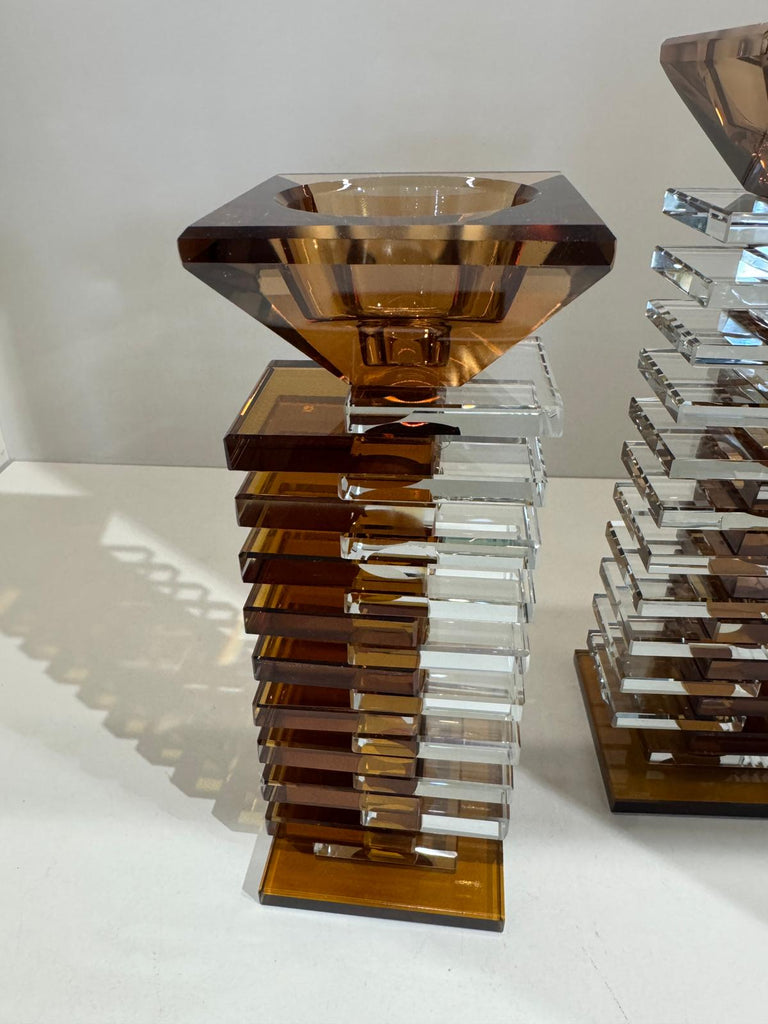 İkili Kristal Katlı Şamdan Şeffaf Kahve