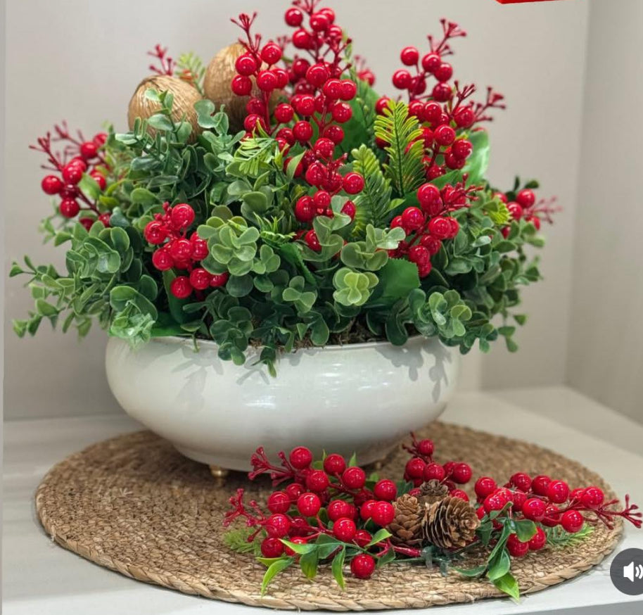 Yapay Kırmızı Kokinalı Krem Yassı Vazo Suplalı