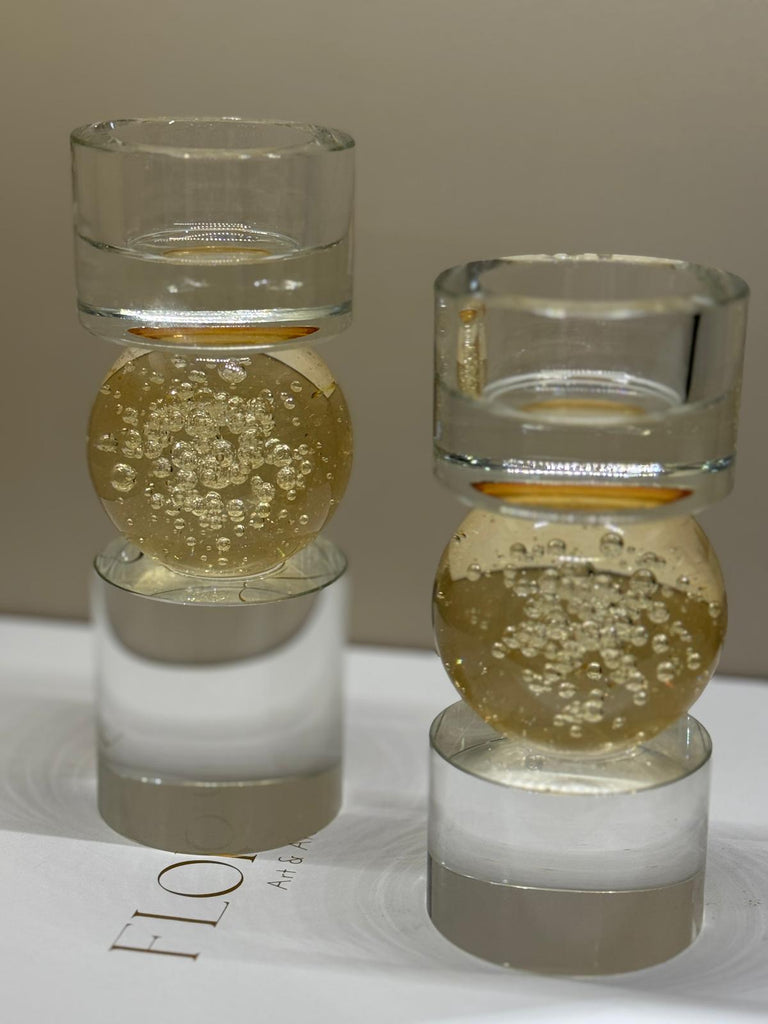 İkili Kristal İthal Mumluk Set - Şeffaf Bal Küreli