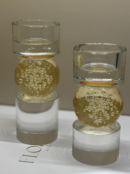 İkili Kristal İthal Mumluk Set - Şeffaf Bal Küreli