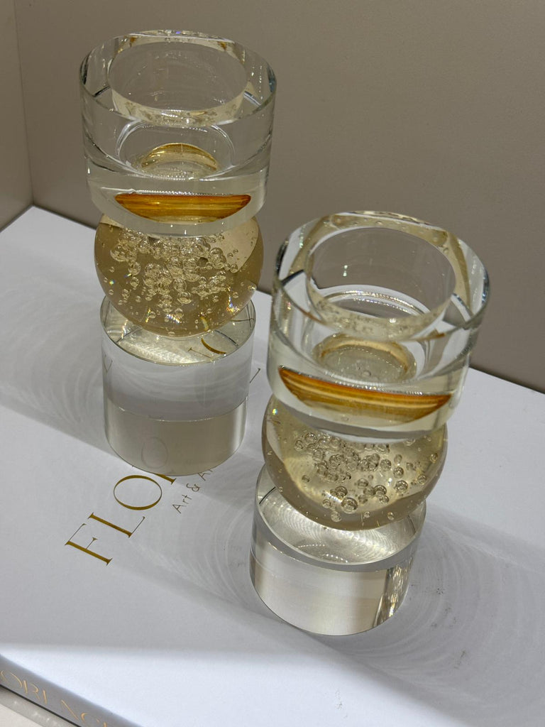 İkili Kristal İthal Mumluk Set - Şeffaf Bal Küreli