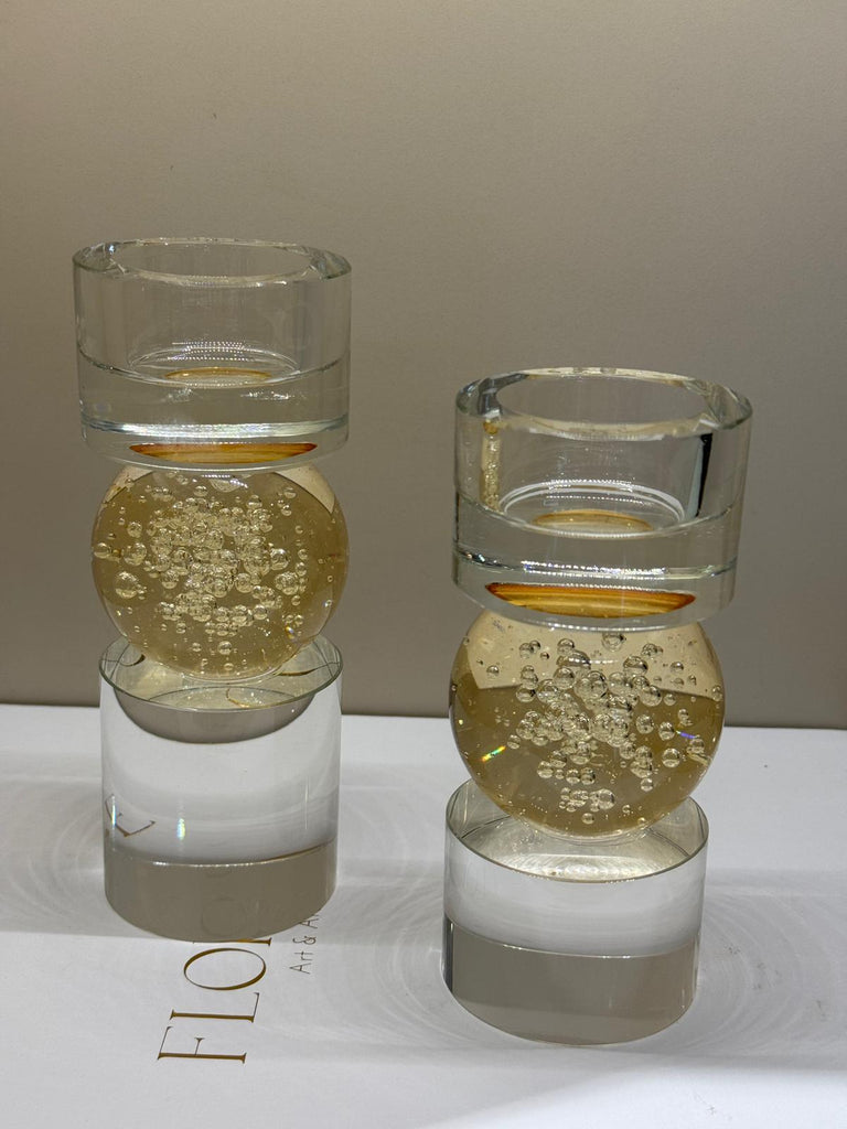 İkili Kristal İthal Mumluk Set - Şeffaf Bal Küreli