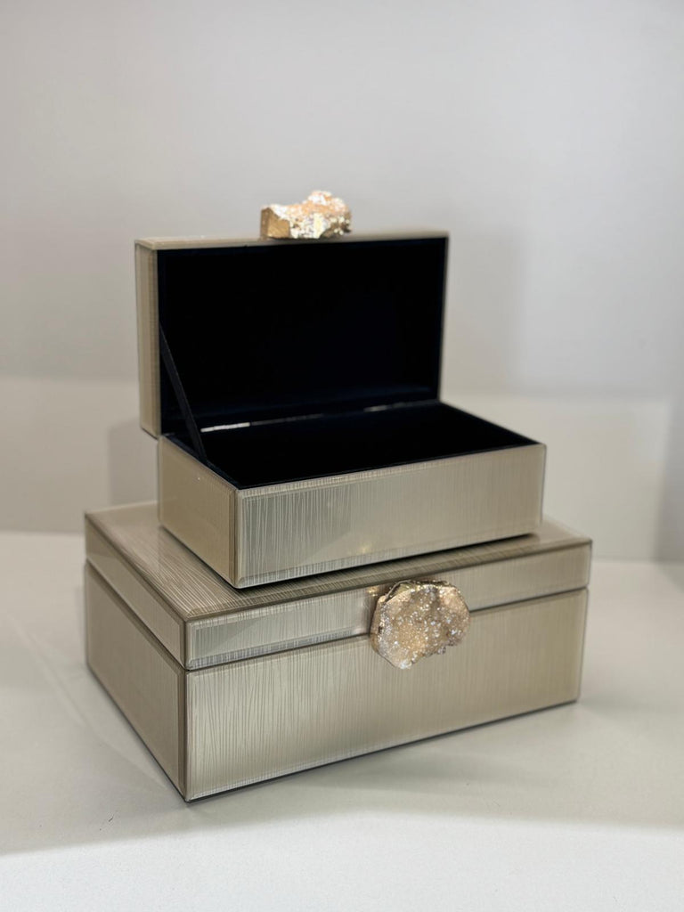 İkili Dekoratif Cam Kutu No:7 Vizon Doğal Taşlı