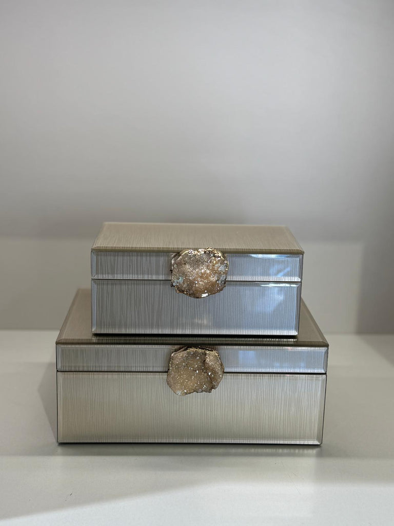 İkili Dekoratif Cam Kutu No:7 Vizon Doğal Taşlı