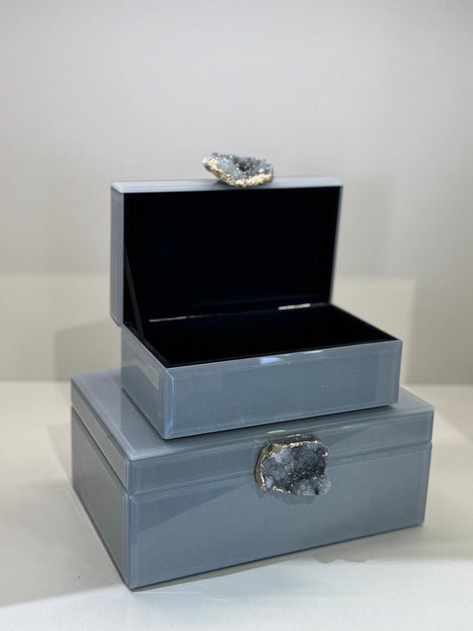 İkili Dekoratif Cam Kutu No:9 Gri Doğal Taşlı