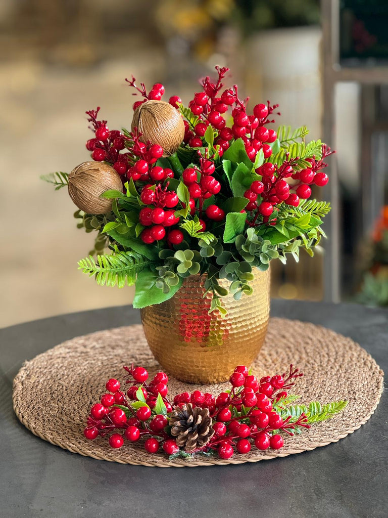 Yapay Kırmızı Kokinalı Dövme Gold Vazo Supla Hediyeli