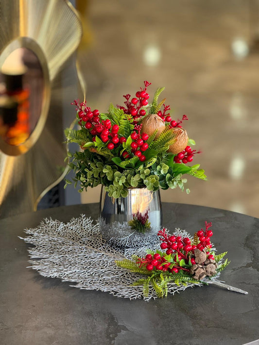 Yapay Kırmızı Kokinalı Gümüş Vazo Yaprak Supla Hediyeli