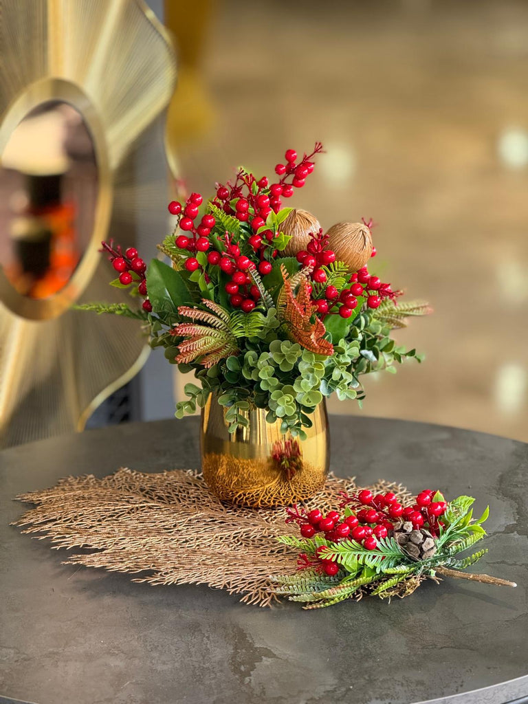 Yapay Kırmızı Kokinalı Gold Vazo Yaprak Supla Hediyeli