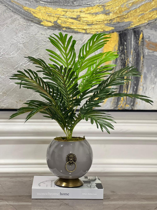 Yapay Bitkili Armalı Cam Vazo Gri