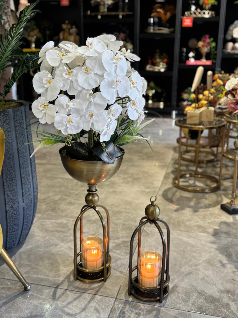 Yapay Orkideli Yer Vazosu+ Fener Set Antik