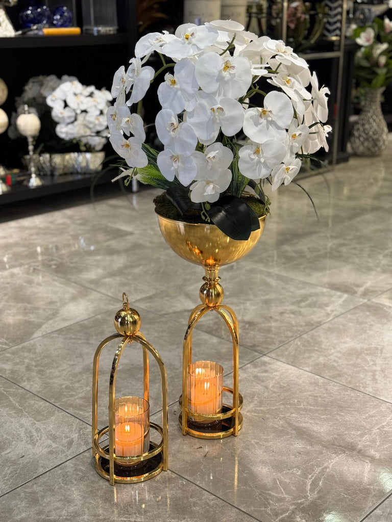 Yapay Orkideli Yer Vazosu+ Fener Set Gold