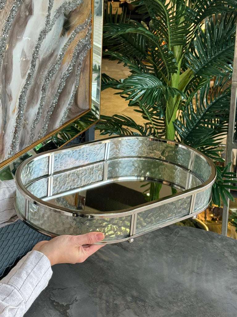 Gümüş Cam Kenarlı Oval Tepsi