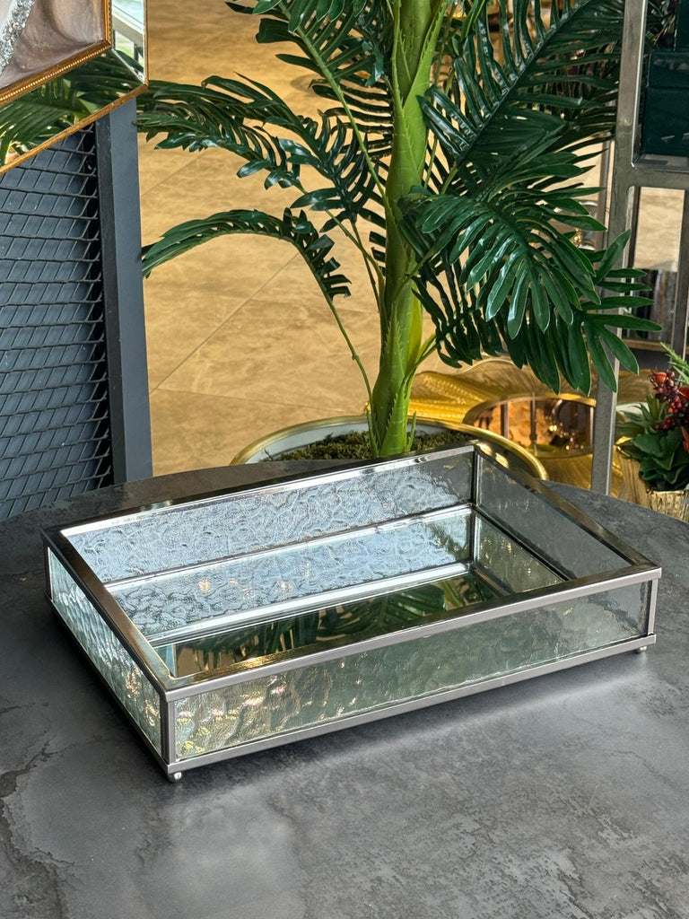 Gümüş Cam Kenarlı Dikdörtgen Tepsi