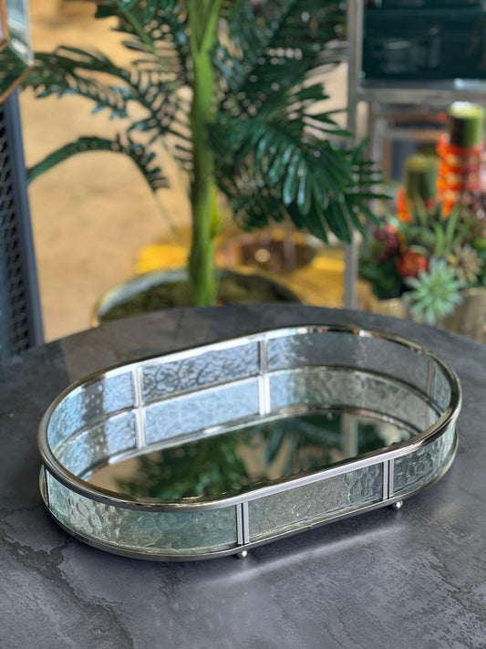 Gümüş Cam Kenarlı Oval Tepsi