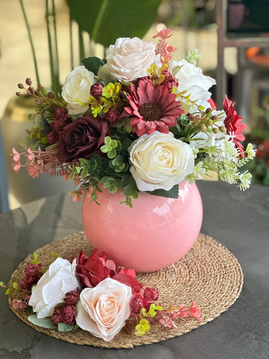 Yapay Çiçekli Cam Vazo Ve Supla Set No:3