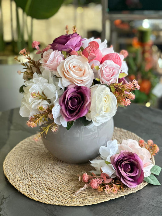 Yapay Çiçekli Cam Vazo Ve Supla Set No:1