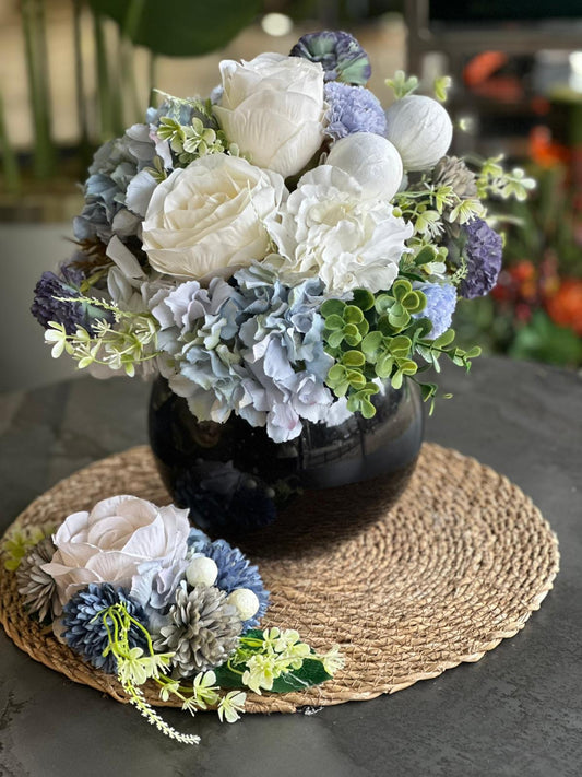 Yapay Çiçekli Cam Vazo Ve Supla Set No:5