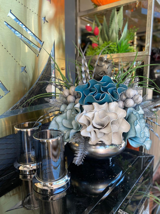 Yapay Çiçekli Gümüş Yassı Vazo 3 Parça Set No:2