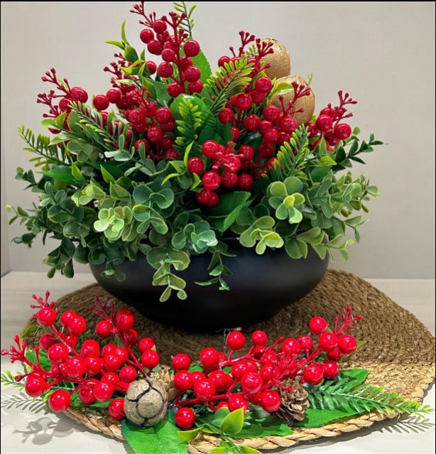 Yapay Kırmızı Kokinalı Siyah Yassı Vazo Suplalı