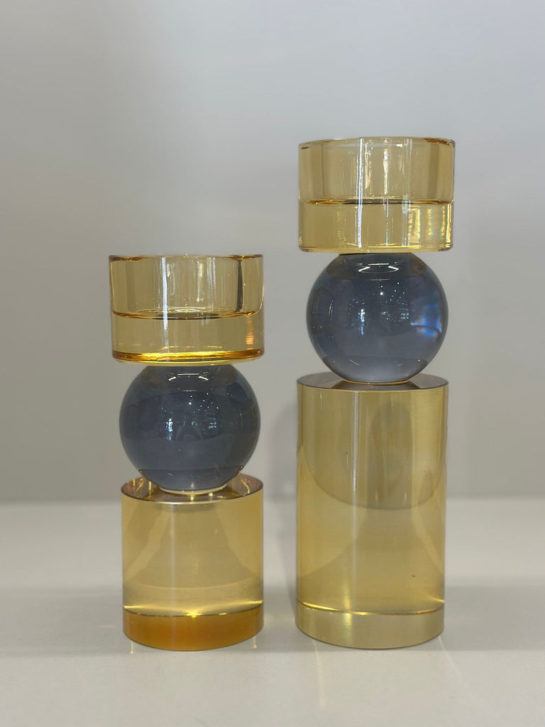 İkili Kristal İthal Mumluk Set - Bal Renk Füme Küreli