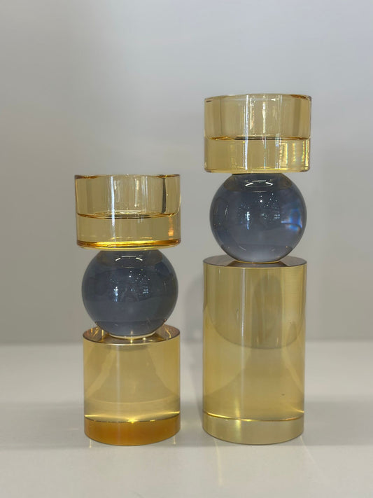 İkili Kristal İthal Mumluk Set - Bal Renk Füme Küreli