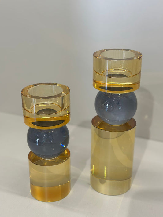 İkili Kristal İthal Mumluk Set - Bal Renk Füme Küreli